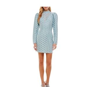 WAYF Silver & Light Blue Lace Mock Neck Mini Dress Size Small